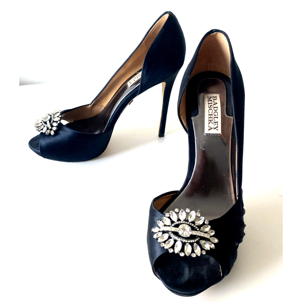 Badgley Mischka D'Orsay Pump Platform Black Satin Peep Toe Embellished Crystal 8 - Picture 8 of 10